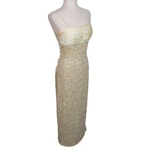 Vintage Scala Ornate Beaded Silk Side Slit Formal Gown Champagne Size 4